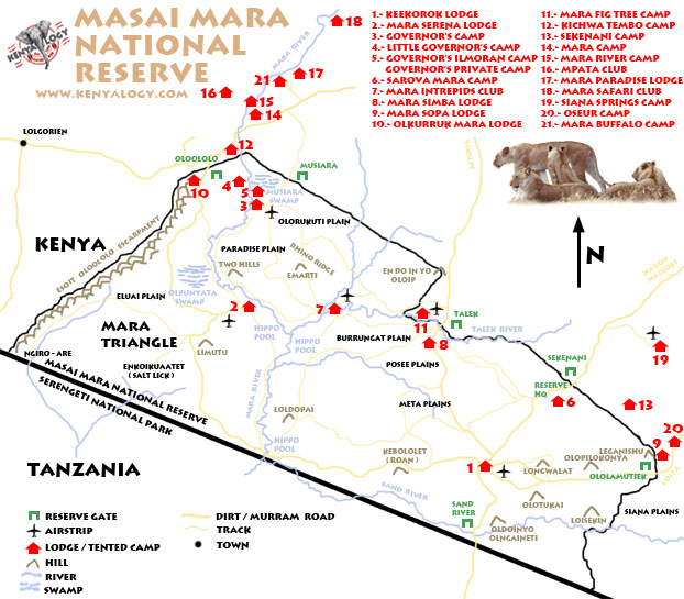 Mapa de Masai Mara con los lodges y camps