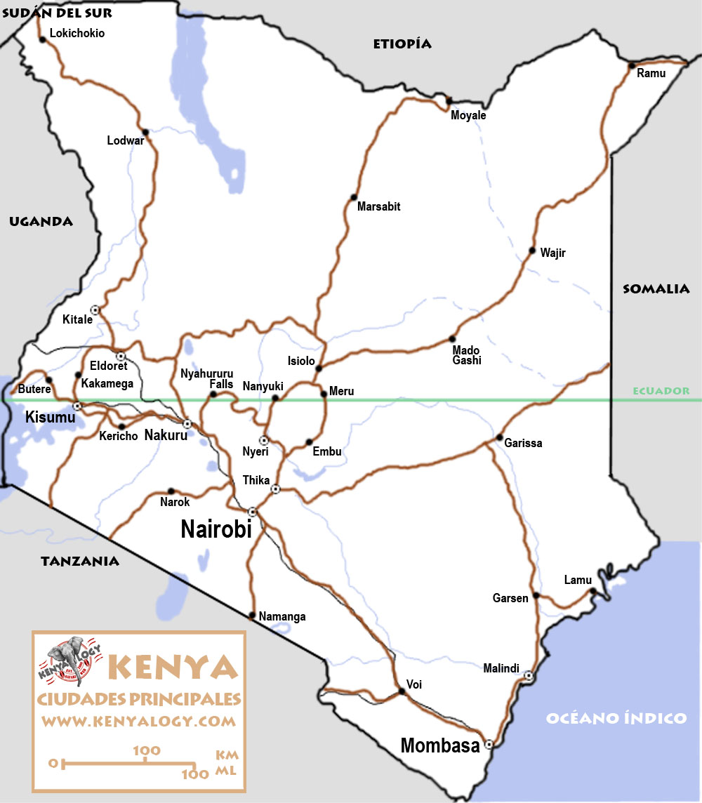 Ciudades de Kenya. Mapa por Javier Yanes/Kenyalogy.com